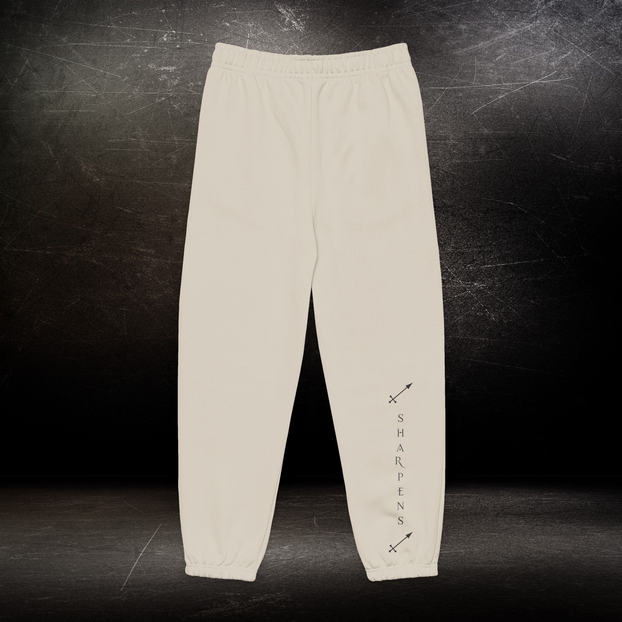 Minimalist Logo Sweatpants — Neutral Joggers with Small Geometric Mark & Vertical Script