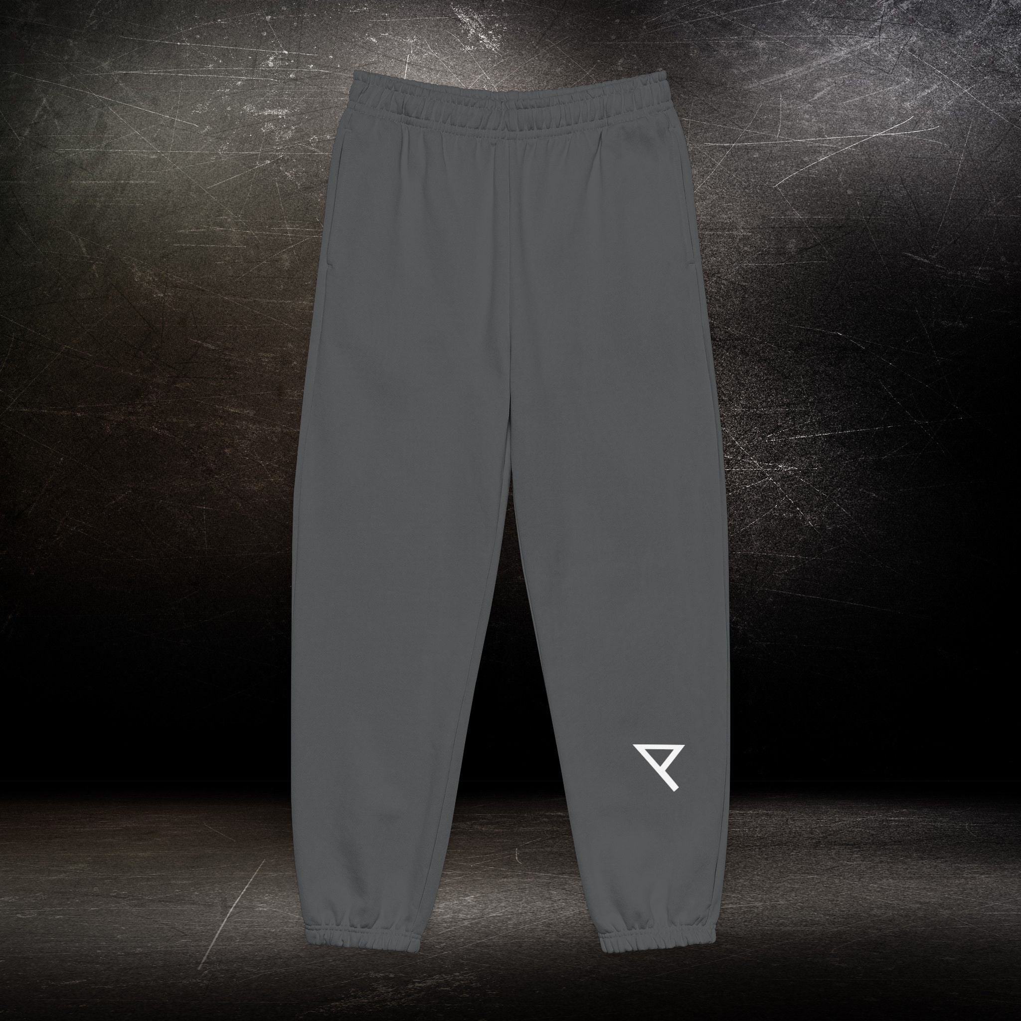 Minimalist Logo Sweatpants — Neutral Joggers with Small Geometric Mark & Vertical Script
