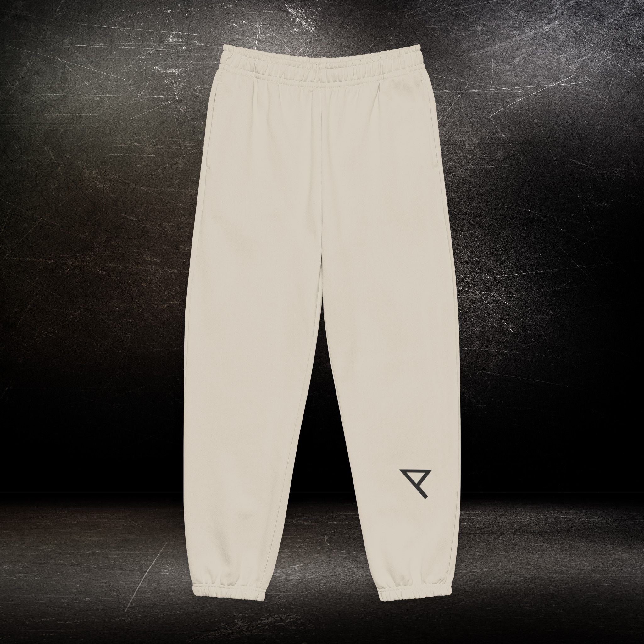 Minimalist Logo Sweatpants — Neutral Joggers with Small Geometric Mark & Vertical Script